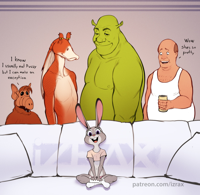 alf alien anthro bill_dauterive dialogue disney dreamworks female furniture gordon_shumway gungan hi_res human humanoid izra jar_jar_binks judy_hopps king_of_the_hill lagomorph leporid male mammal meme ogre piper_perri_surrounded rabbit shitpost shrek_(character) shrek_(series) sitting sofa star_wars zootopia