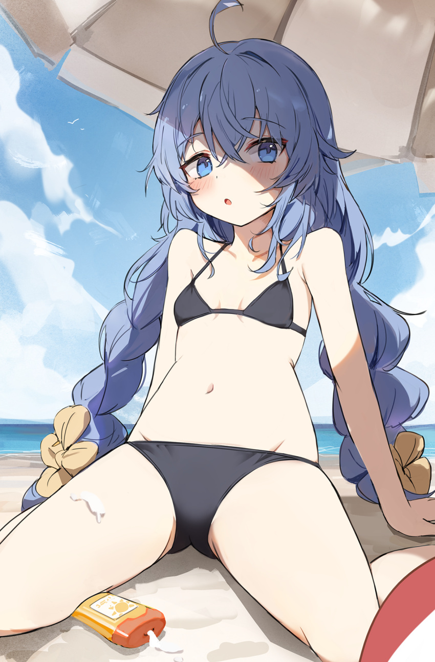 1girl :o ahoge arm_support beach bikini black_bikini black_bikini_bottom blue_eyes blue_sky blush bottle bow braid breasts cloud collarbone commentary crossed_bangs english_commentary hair_between_eyes hair_bow highres horizon looking_at_viewer lotion low_twin_braids mushoku_tensei ocean orobou outdoors parasol reclining roxy_migurdia sitting sky small_breasts solo sunscreen swimsuit thighs twin_braids umbrella wariza yellow_bow