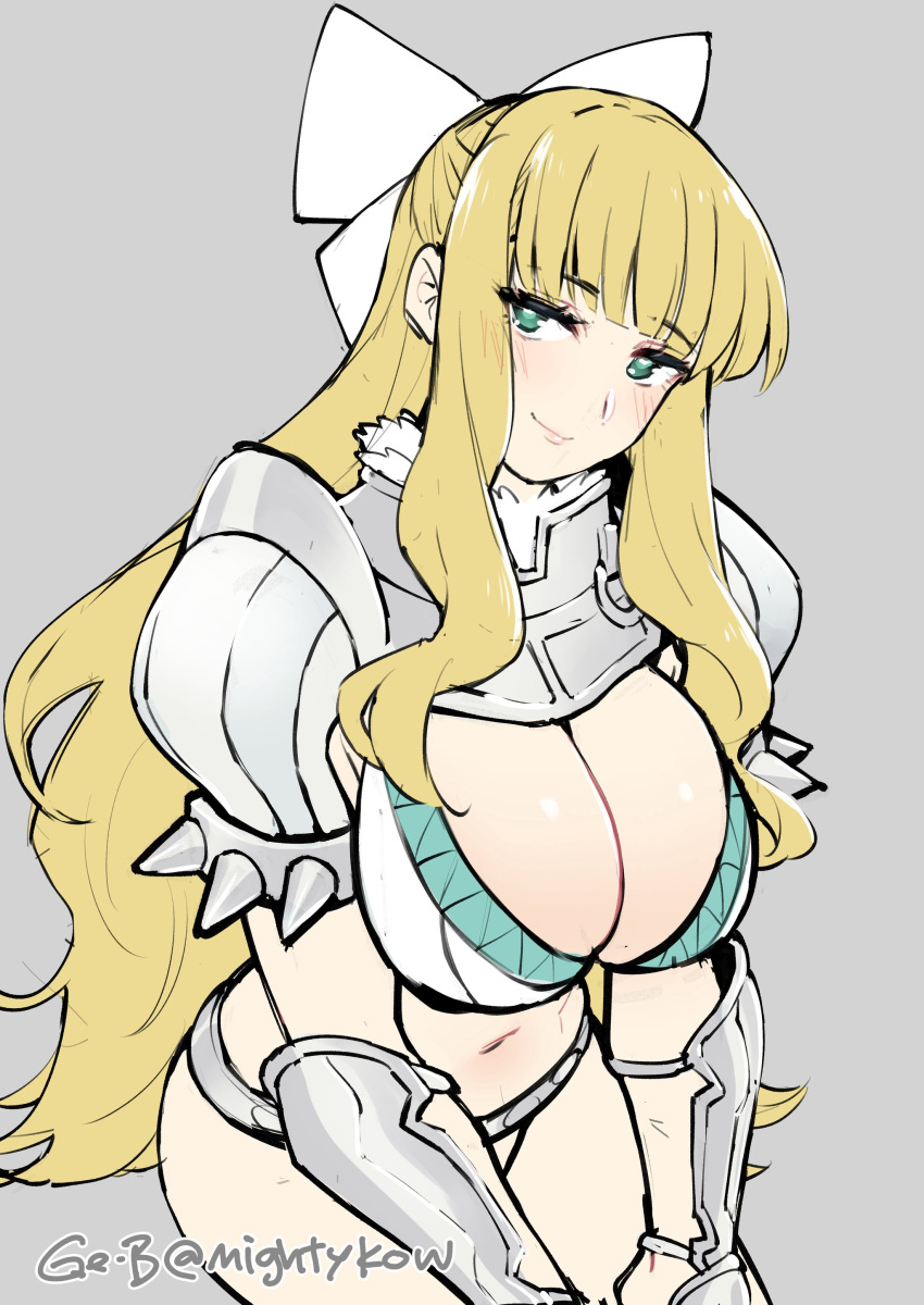 1girl absurdres armor bikini_armor blonde_hair bow breasts charlotte_(fire_emblem) fire_emblem fire_emblem_fates ge-b green_eyes hair_bow highres large_breasts long_hair looking_at_viewer navel shoulder_armor smile solo stomach twitter_username vambraces very_long_hair white_bow