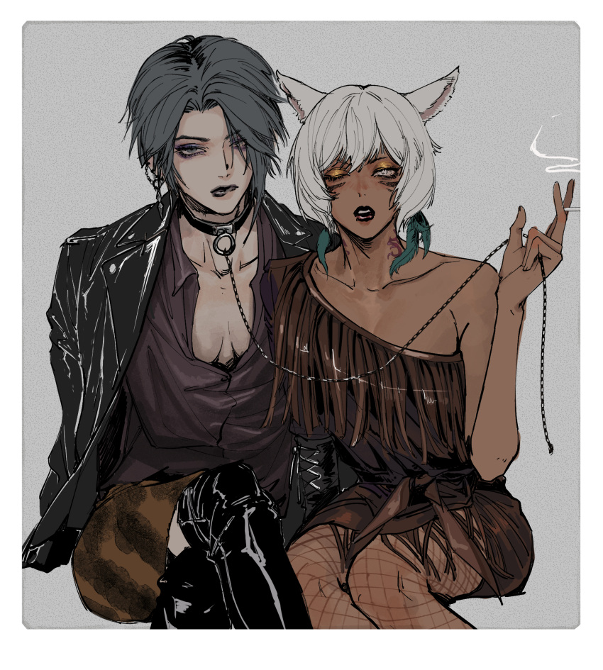 2girls androgynous animal_ears black_hair boots border breasts cat_ears chain cigarette collar crossed_legs dark-skinned_female dark_skin dress ear_piercing eyeshadow facial_mark final_fantasy final_fantasy_xiv grey_eyes grey_hair highres holding holding_cigarette jacket lips looking_at_viewer makeup medium_breasts miqo'te multiple_girls neck_tattoo one_eye_closed open_clothes open_jacket piercing short_hair tattoo thigh_boots whisker_markings white_border xxxmsm y'shtola_rhul zero_(ff14)