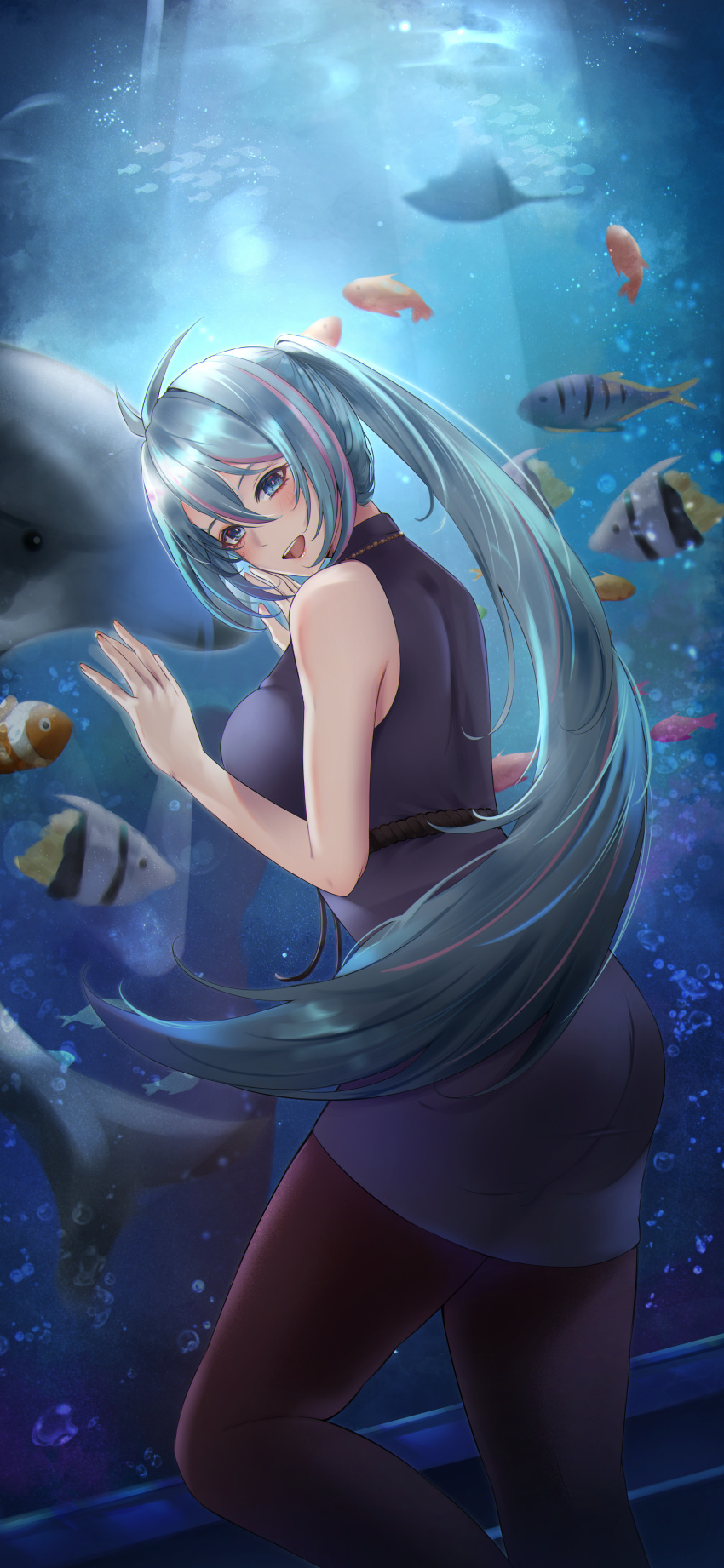 1girl absurdres aquarium ass azura_cecillia azura_cecillia_(2nd_costume) black_pantyhose blue_eyes blue_hair butterflyfish clownfish commentary dolphin dress elvandec fish floating_hair from_side grey_dress highres jack_(fish) leaning_forward long_hair looking_at_viewer multicolored_hair nijisanji nijisanji_id open_mouth pantyhose pink_hair ponytail smile solo stingray streaked_hair trevally tropical_fish very_long_hair virtual_youtuber