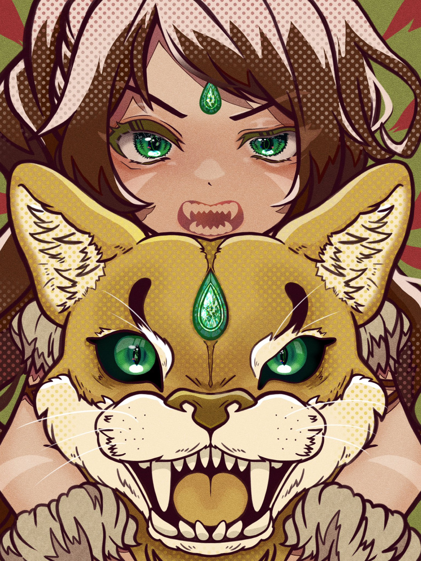 1girl amazon_warrior brown_hair facial_mark fangs forehead_jewel green_eyes hair_between_eyes highres kawaguti_kappa league_of_legends lion lion_girl long_hair looking_at_viewer nidalee open_mouth sharp_teeth simple_background solo teeth upper_body whisker_markings whiskers