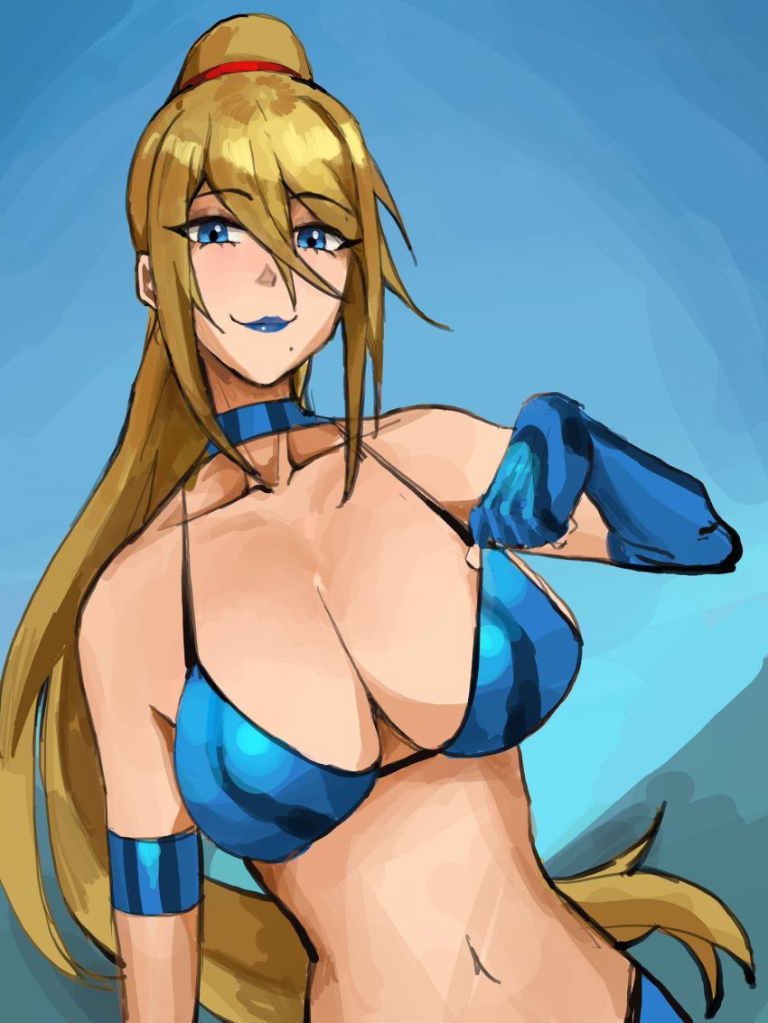 1girl bikini bikini_tug blonde_hair blue_background blue_bikini blue_eyes blue_gloves blue_lips breasts cleavage collarbone elbow_gloves gloves gradient_background highres large_breasts lipstick long_hair looking_at_viewer makeup metroid navel ponytail red_scrunchie saiykik samus_aran scrunchie sketch smile solo swimsuit upper_body very_long_hair