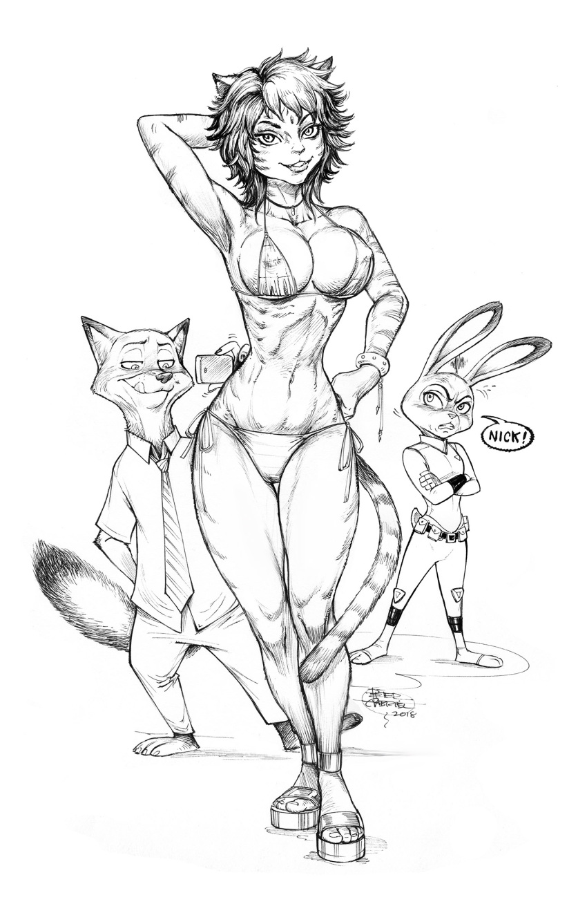 animal_humanoid anthro beach big_breasts bikini breasts canid canine clothed clothing digital_media_(artwork) disney felid female fox fur group hair hi_res humanoid hybrid judy_hopps lagomorph lauren_vanpelt leporid liger male male/female mammal muscular muscular_female nick_wilde pantherine piero_gabriel police_uniform rabbit red_fox seaside simple_background smile striped_body stripes swimwear text trio uniform zootopia