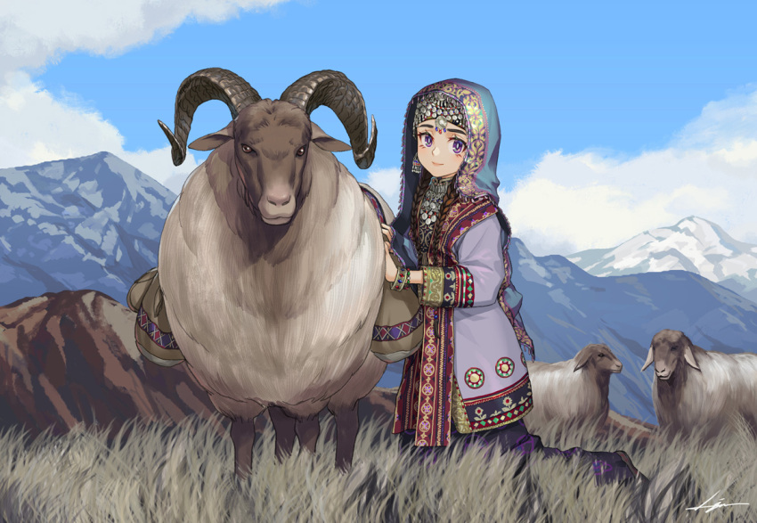 1girl arabian_clothes black_pants blue_sky blue_veil bracelet bright_pupils brown_footwear coat curled_horns dangle_earrings earrings eyelashes grass hijab horns jewelry kneeling kws long_sleeves mountain original outdoors pants purple_coat sheep signature sky solo white_pupils