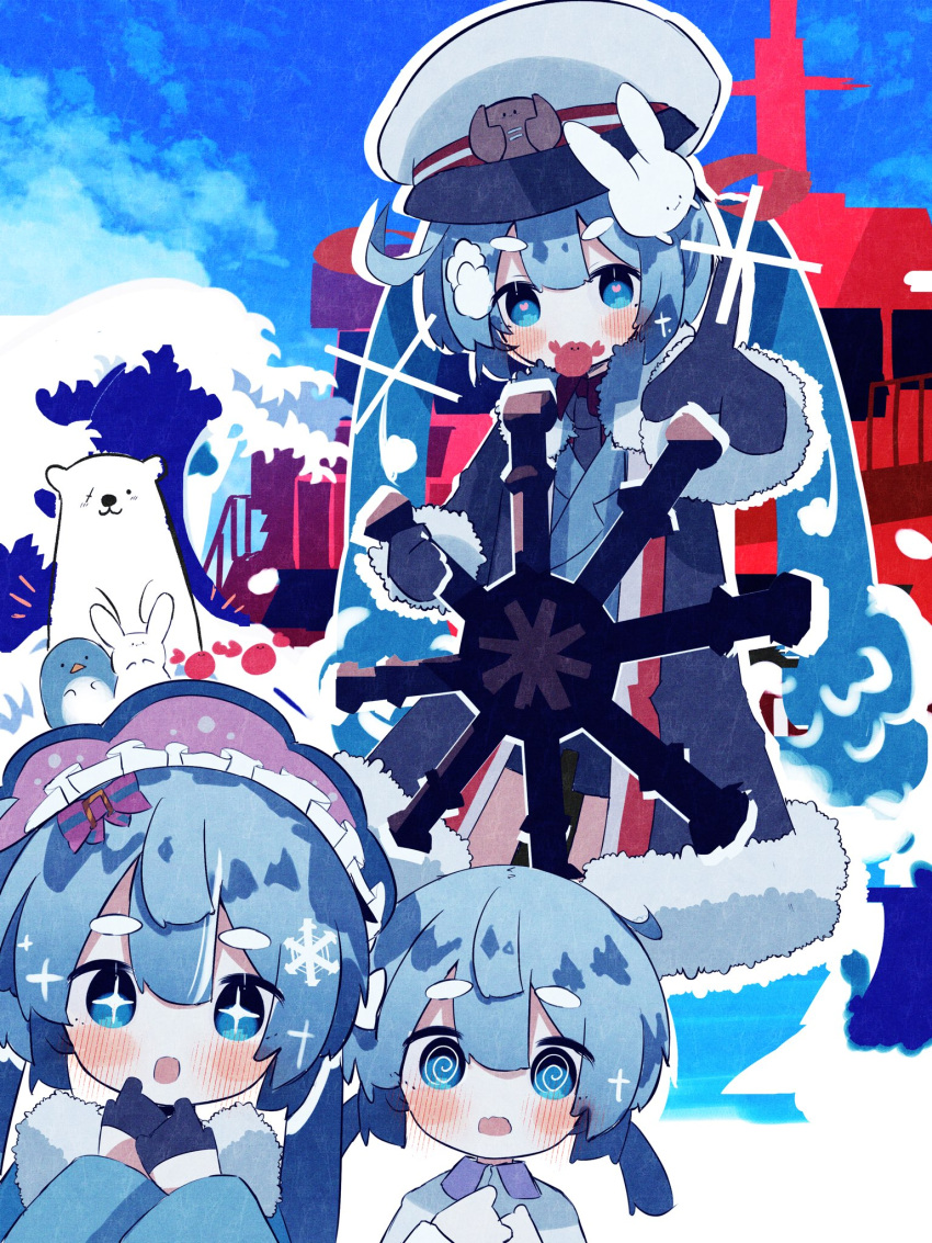 3girls @_@ animal bear bird black_coat black_gloves black_shorts blue_eyes blue_gloves blue_hair blush bow bowtie coat commentary crab dress dual_persona fur-trimmed_coat fur-trimmed_dress fur_trim gloves hair_bow hair_ribbon half_gloves hat hatsune_miku headdress heart heart-shaped_pupils highres looking_at_viewer master_(vocaloid) military military_uniform mouth_hold multiple_girls naval_uniform necktie on_head open_mouth outdoors peaked_cap penguin pink_bow pink_bowtie polar_bear rabbit rabbit_yukine red_ribbon ribbon ship short_twintails shorts snowflakes snowmix_(vocaloid) sparkling_eyes standing steering steering_wheel syare_0603 symbol-shaped_pupils twintails uniform vocaloid watercraft waves yuki_miku yuki_miku_(2022) yuki_miku_(2023)