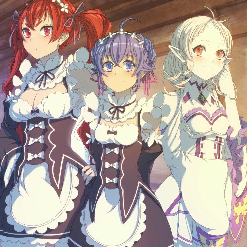 3girls alternate_costume blue_eyes blue_hair braid breasts cleavage cleavage_cutout closed_mouth clothing_cutout cosplay crown_braid detached_sleeves dress elf emilia_(re:zero) emilia_(re:zero)_(cosplay) eris_greyrat flower frilled_sleeves frills hair_ornament hair_ribbon hand_up highres kiyo_(a_sam_ko) light_frown long_hair maid maid_headdress medium_breasts medium_hair multiple_girls mushoku_tensei pink_ribbon pointy_ears purple_ribbon ram_(re:zero) ram_(re:zero)_(cosplay) re:zero_kara_hajimeru_isekai_seikatsu red_eyes red_hair rem_(re:zero) rem_(re:zero)_(cosplay) ribbon roswaal_mansion_maid_uniform roxy_migurdia short_hair shoulder_cutout small_breasts smile sylphiette_(mushoku_tensei) white_dress white_flower