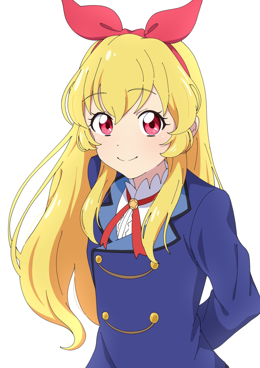 1girl aikatsu! aikatsu!_(series) arms_behind_back blonde_hair blue_jacket bow closed_mouth commentary_request crust_gm0 hair_between_eyes hair_bow hairband highres hoshimiya_ichigo jacket long_hair long_sleeves looking_at_viewer neck_ribbon red_bow red_eyes red_hairband red_ribbon ribbon school_uniform shirt simple_background smile solo starlight_academy_school_uniform upper_body white_background white_shirt