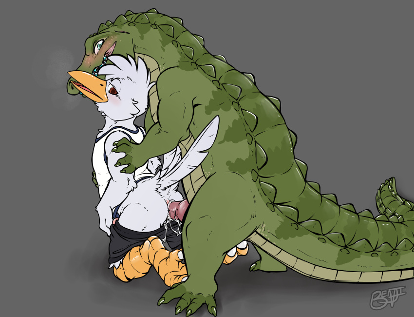 absurd_res alligator alligatorid anal anal_penetration anthro avian benji_(artist) benji_alligator_(benji) bird blush bodily_fluids clothed clothed_sex clothing crocodilian cum duo genital_fluids hi_res holding_arm looking_back male male/male penetration reptile scalie sex stork stork_dude