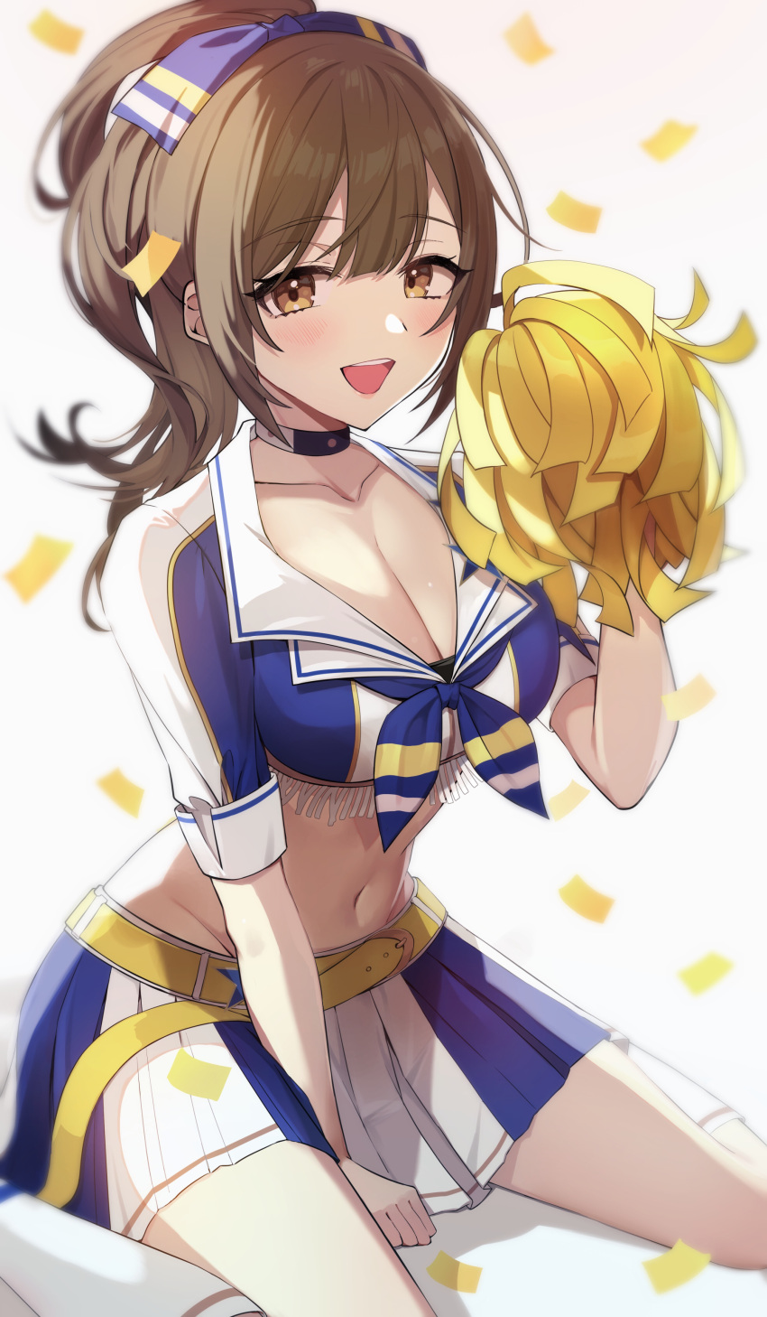 1girl absurdres bangs breasts brown_hair cheerleader choker cleavage commentary_request confetti gawawawa hair_ribbon high_ponytail highres idolmaster idolmaster_shiny_colors kuwayama_chiyuki large_breasts looking_at_viewer midriff navel open_mouth pom_pom_(cheerleading) ribbon short_sleeves sitting solo wariza yellow_eyes