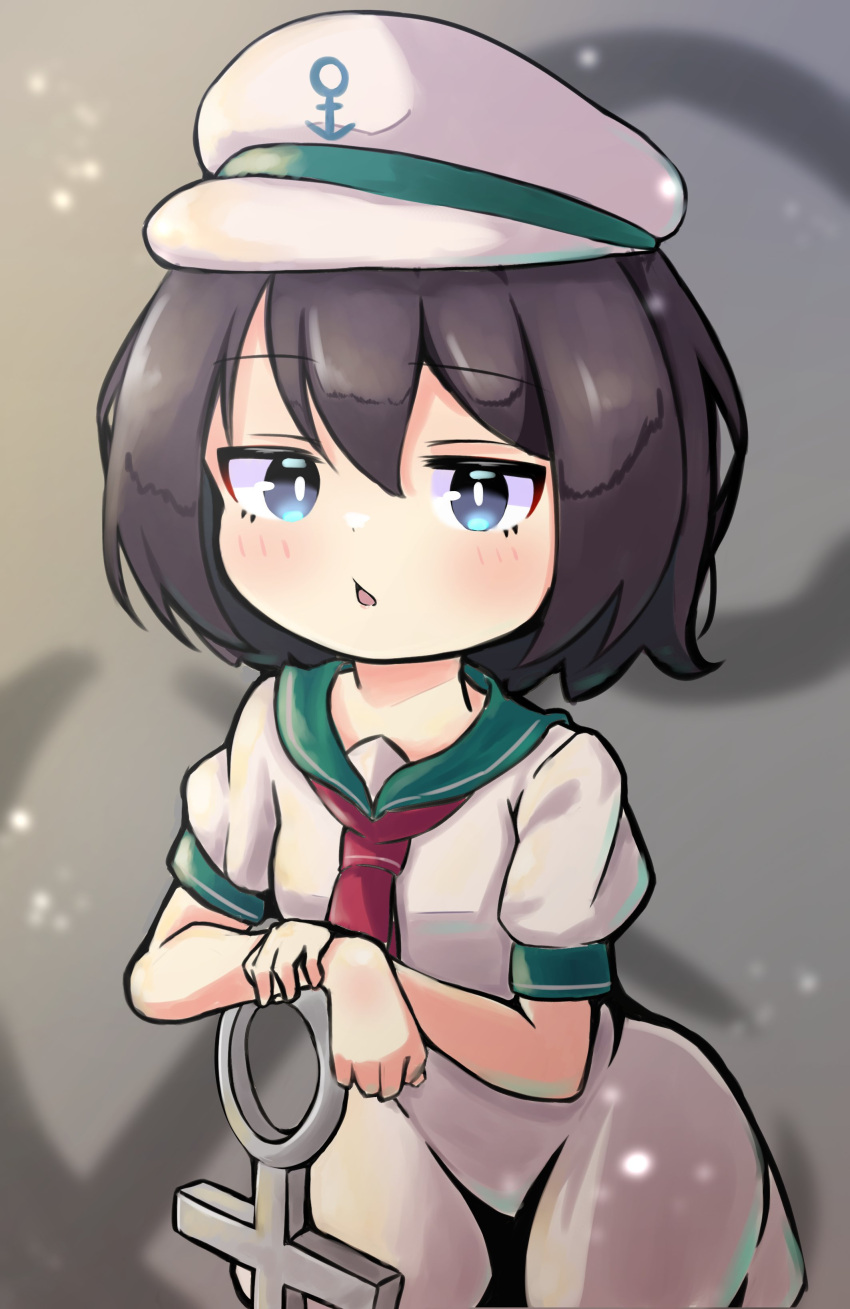 1girl absurdres anchor anchor_symbol black_hair blue_eyes commentary green_sailor_collar grey_background hat highres looking_at_viewer murasa_minamitsu open_mouth sailor sailor_collar sailor_hat short_hair short_sleeves solo teruru_(teruru_kappa) touhou white_headwear