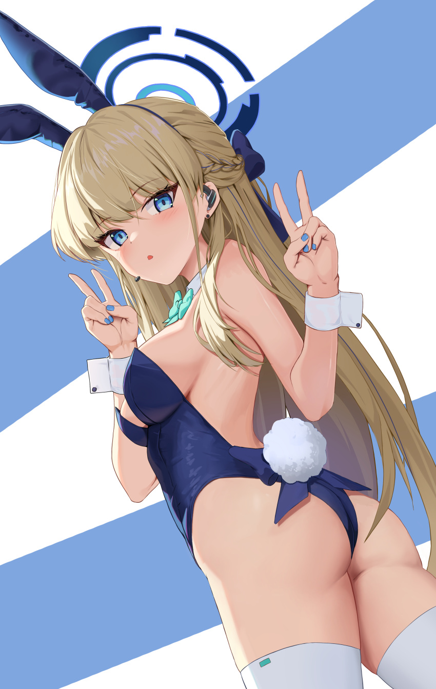 1girl absurdres animal_ears aqua_bow aqua_bowtie blonde_hair blue_archive blue_eyes blue_hairband blue_leotard bow bowtie breasts detached_collar double_v earpiece fake_animal_ears fake_tail hairband halo highleg highleg_leotard highres large_breasts leotard long_hair looking_at_viewer looking_back monmo_mu official_alternate_costume playboy_bunny rabbit_ears rabbit_tail revision solo strapless strapless_leotard tail thighhighs toki_(blue_archive) toki_(bunny)_(blue_archive) v white_thighhighs white_wrist_cuffs wrist_cuffs