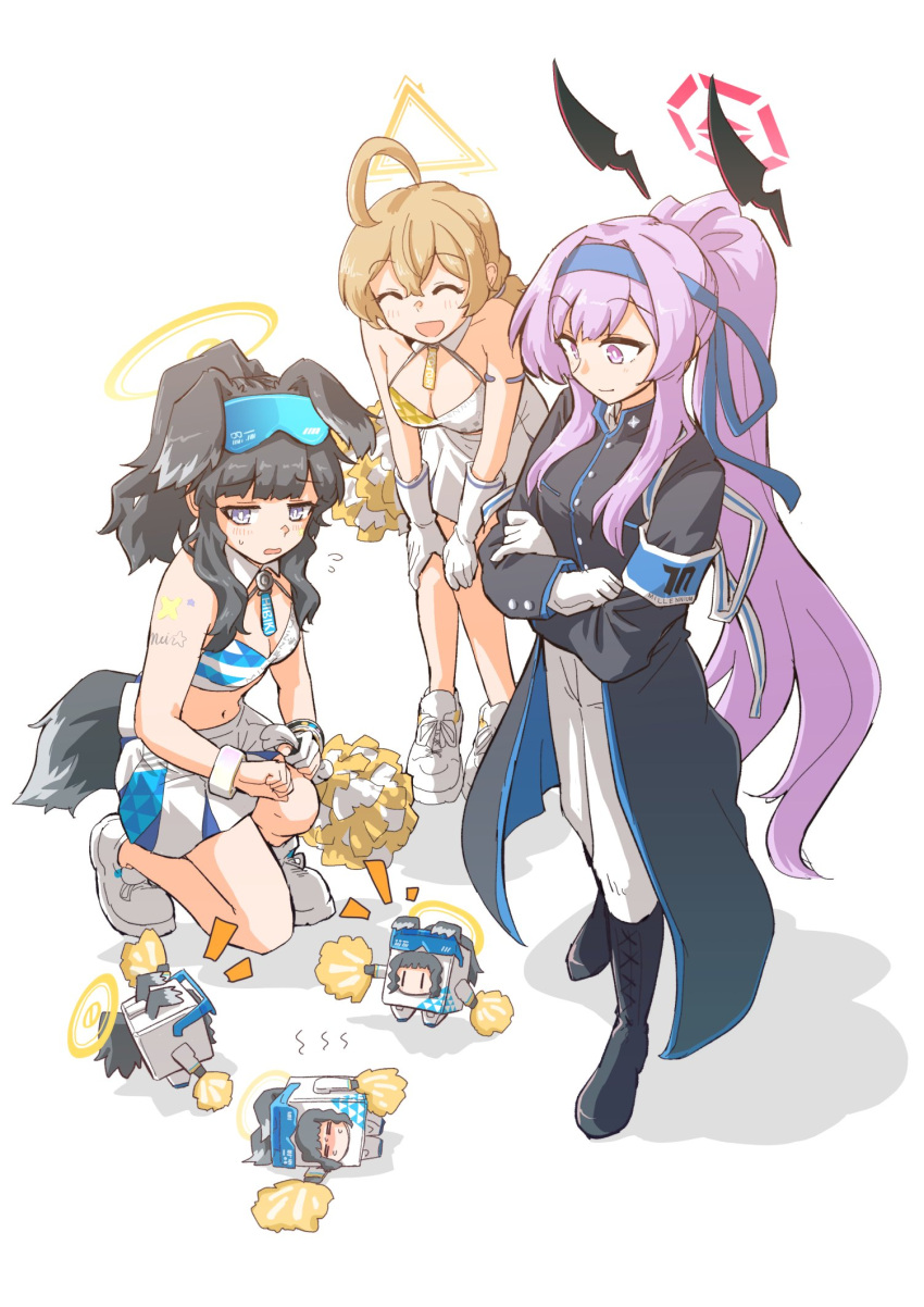 3girls ahoge animal_ears bare_shoulders bent_over black_hair blonde_hair blue_archive blue_headband blush boots breasts character_doll cheerleader closed_eyes commentary_request dog_ears dog_girl dog_tail engineering_department_(blue_archive) eyewear_on_head floating_headgear flying_sweatdrops full_body hair_ribbon halo hariyaa headband headgear hibiki_(blue_archive) hibiki_(cheer_squad)_(blue_archive) highres holding holding_pom_poms kneeling kotori_(blue_archive) kotori_(cheer_squad)_(blue_archive) long_hair millennium_cheerleader_outfit_(blue_archive) multiple_girls official_alternate_costume open_mouth ouendan pom_pom_(cheerleading) ponytail purple_eyes purple_hair ribbon robot simple_background sitting skirt smile star_sticker sticker_on_arm sticker_on_face sweatdrop tail twintails utaha_(blue_archive) utaha_(cheer_squad)_(blue_archive) white_background white_skirt yellow_halo