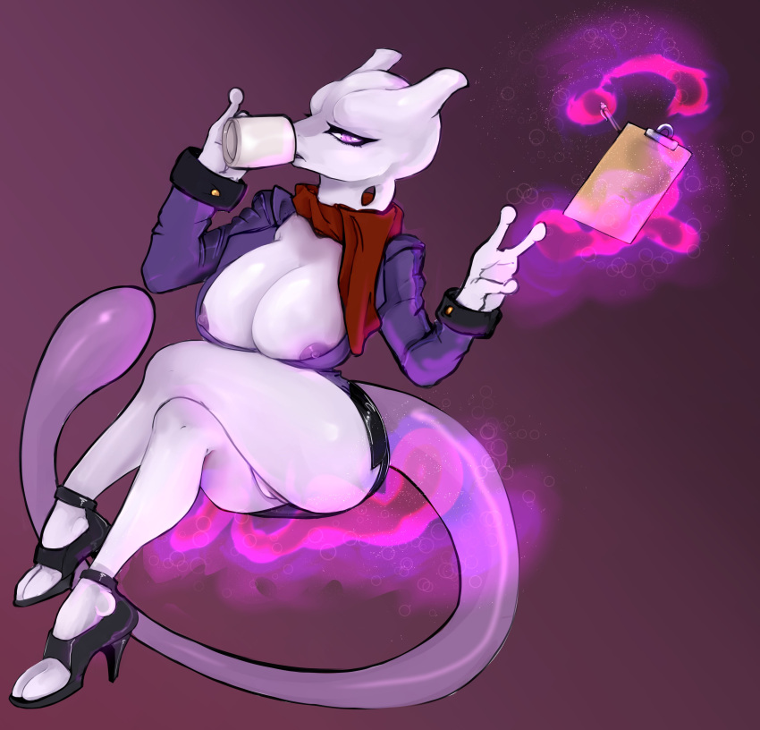 absurd_res anthro beverage big_breasts bottomwear breasts clipboard clothing coffee crossed_legs female floating generation_1_pokemon genitals hi_res legendary_pokemon mew_tuely_(fan_character) mewtwo nintendo nipple_slip nipples pokemon pokemon_(species) pussy scarf selissa skirt suit