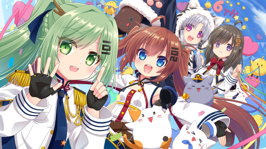 4girls absurdres ahoge aiguillette animal_hood anniversary anshan_(azur_lane) azur_lane balloon bird black_hair blue_eyes blue_necktie brown_hair cat chang_chun_(azur_lane) chick fu_shun_(azur_lane) green_eyes green_hair hair_ornament hairclip hat high_ponytail highres hood long_hair long_sleeves looking_at_viewer manjuu_(azur_lane) meowfficer_(azur_lane) military_uniform multiple_girls necktie open_mouth parted_bangs peaked_cap purple_eyes s_nyaau sleeves_past_fingers sleeves_past_wrists smile swept_bangs tai_yuan_(azur_lane) teeth twintails uniform upper_teeth_only white_hair