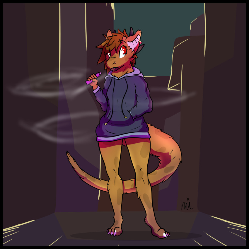 back_alley clothing cody_caspersky dragon fur furred_dragon hi_res hoodie intersex mutemyth standing tail topwear vaping