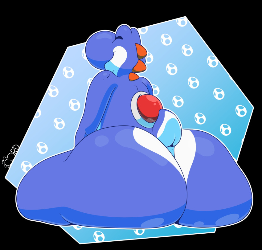 2022 ambiguous_gender anthro big_butt biped blue_yoshi butt digital_media_(artwork) hi_res huge_butt hyper hyper_butt mario_bros nintendo nude rear_view simple_background sitting smile solo thelewdshi thick_thighs wide_hips yoshi