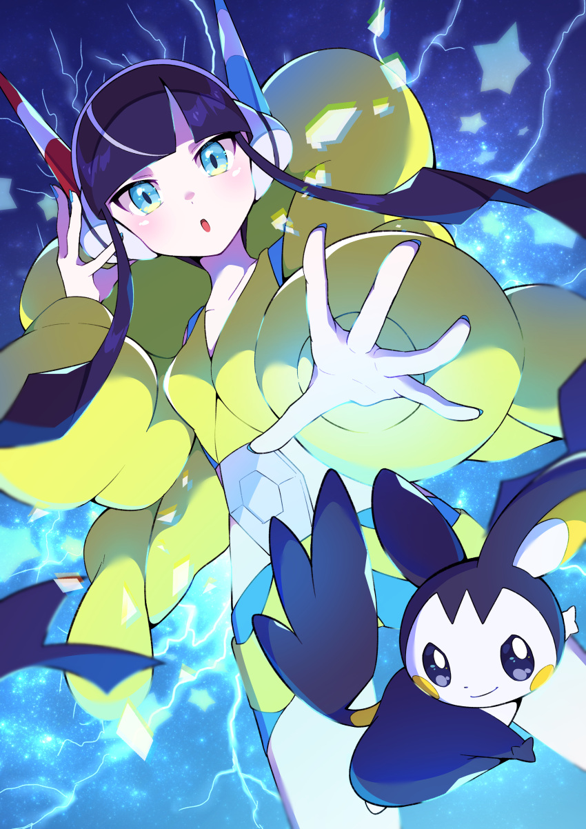 1girl absurdres bike_shorts black_hair blue_eyes blue_nails blunt_bangs blush breasts collarbone commentary_request electricity elesa_(pokemon) emolga hand_up headphones highres looking_at_viewer multicolored_hair nail_polish open_mouth pokemon pokemon_(creature) pokemon_(game) pokemon_bw2 pon_yui short_hair_with_long_locks sidelocks spread_fingers star_(symbol) streaked_hair tongue white_hair