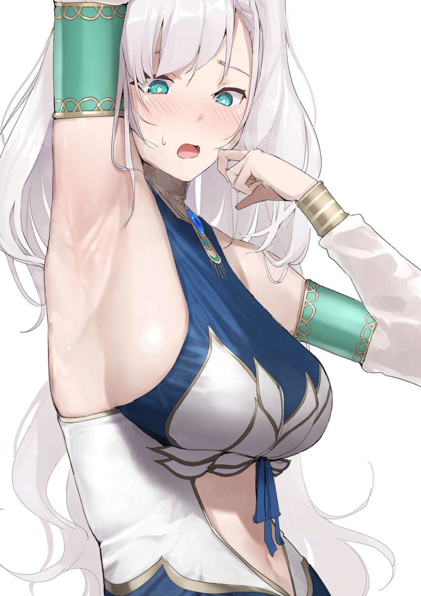 1girl arm_up armpit_focus armpits arms_up bare_shoulders blue_eyes blush breasts clothing_cutout detached_sleeves dress grey_hair highres hololive hololive_indonesia jewelry large_breasts long_hair mitsuru_(pixiv_34028718) navel open_mouth pavolia_reine pavolia_reine_(1st_costume) presenting_armpit sideboob stomach_cutout virtual_youtuber white_sleeves