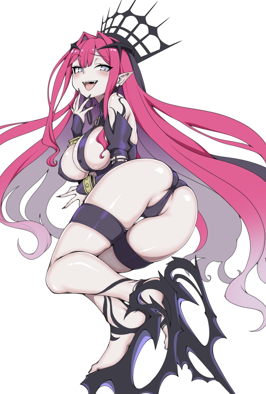 1girl ass baobhan_sith_(fate) baobhan_sith_(second_ascension)_(fate) bare_shoulders black_panties blush bracelet breasts covered_nipples detached_sleeves earrings fangs fate/grand_order fate_(series) fingernails full_body grey_eyes half-closed_eyes hand_up high_heels highres hoop_earrings jewelry large_breasts laughing long_hair looking_at_viewer looking_back lying on_side open_mouth panties partially_visible_vulva pink_hair pointy_ears revealing_clothes senbei_(avocadochaya) sharp_fingernails sideboob sidelocks smug solo spiked_bracelet spikes thighs tiara tongue underwear vampire very_long_hair white_background