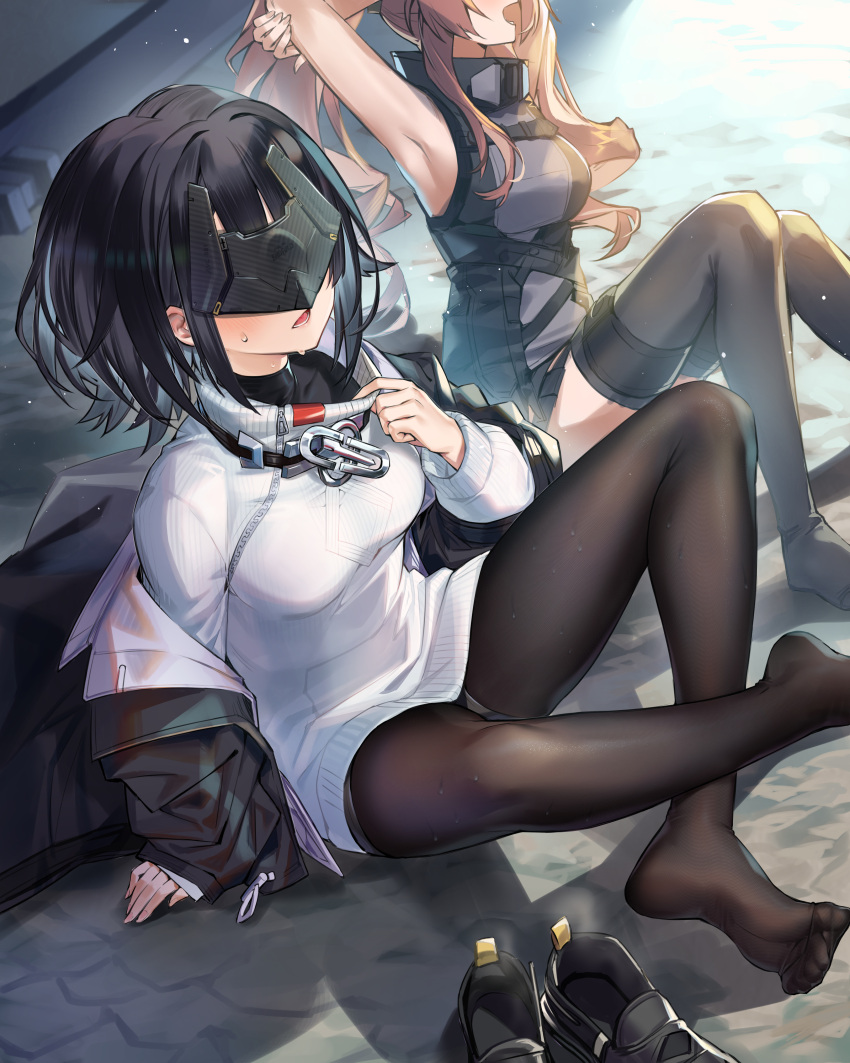 2girls absurdres arknights arknights:_endfield arms_up black_hair black_jacket black_pantyhose black_shirt blush clothes_tug endministrator_(arknights) eye_mask female_endministrator_(arknights) highres jacket long_sleeves looking_at_viewer moyume multiple_girls open_mouth pantyhose shirt shoes short_hair sidelocks sitting stretching sweater sweater_tug unworn_shoes white_sweater yellow_eyes