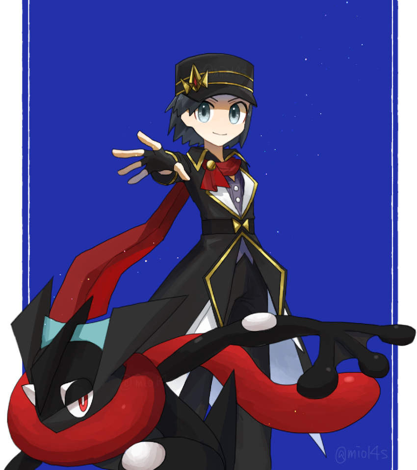 1boy alternate_color black_hair black_headwear black_jacket blue_background calem_(champion)_(pokemon) calem_(pokemon) commentary_request fingerless_gloves gloves greninja grey_eyes highres jacket male_focus mio14s official_alternate_costume pillarboxed pokemon pokemon_(game) pokemon_masters_ex shiny_pokemon smile twitter_username