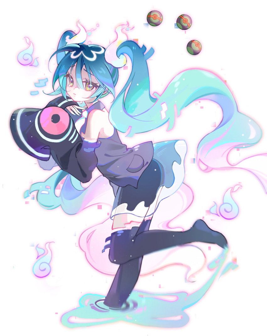 1girl aqua_hair black_thighhighs collared_shirt detached_sleeves dusk_ball ghost ghost_miku_(project_voltage) glitch grey_shirt gutou hair_between_eyes hatsune_miku highres long_hair necktie poke_ball pokemon project_voltage see-through see-through_skirt shirt skirt sleeves_past_fingers sleeves_past_wrists thighhighs twintails very_long_hair vocaloid will-o'-the-wisp_(mythology) yellow_eyes