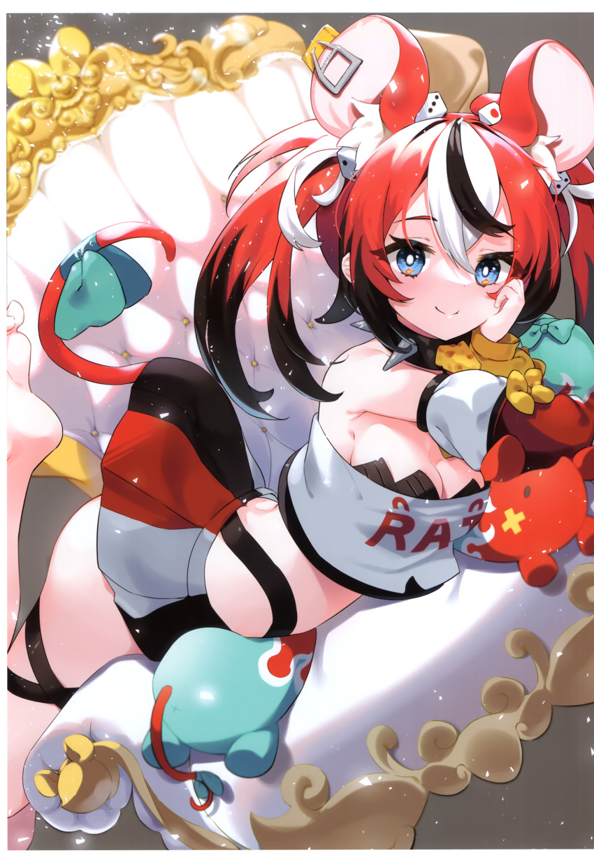 1girl absurdres animal_ear_fluff animal_ears bare_shoulders barefoot black_hair black_skirt blue_eyes breasts cleavage closed_mouth crop_top detached_sleeves dice_hair_ornament hair_ornament hakos_baelz hand_up highres hololive hololive_english kutata long_sleeves looking_at_viewer lying medium_breasts mouse_ears mouse_girl mouse_tail mr._squeaks_(hakos_baelz) multicolored_hair on_stomach pleated_skirt puffy_long_sleeves puffy_sleeves red_hair red_skirt scan shirt skirt smile soles solo strapless strapless_shirt streaked_hair tail twintails two-tone_hair virtual_youtuber white_hair white_shirt white_skirt