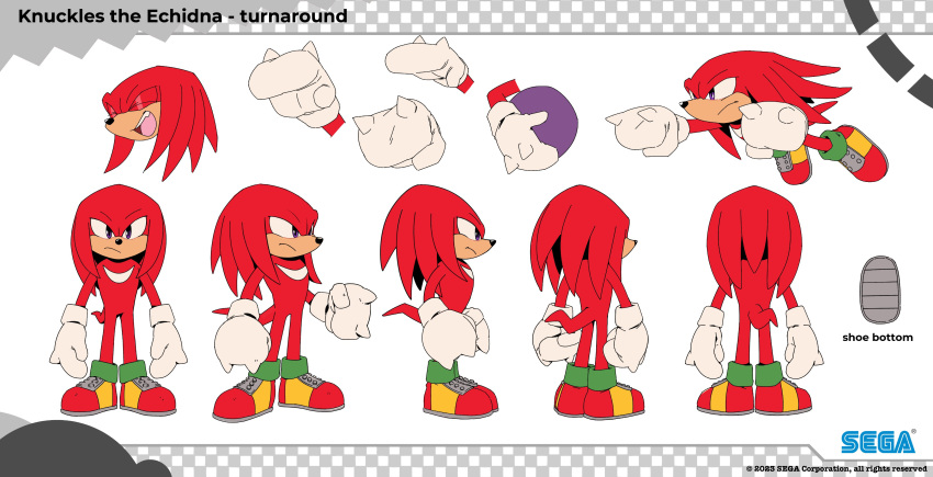 absurdres ball character_profile chest_markings crescent frown gliding gloves highres holding holding_ball knuckles_the_echidna laughing multiple_views official_art pointy_nose punching purple_eyes red_footwear red_fur reference_sheet sega serious shoes sonic_(series) sonic_dream_team spiked_knuckles tail turnaround tyson_hesse white_gloves