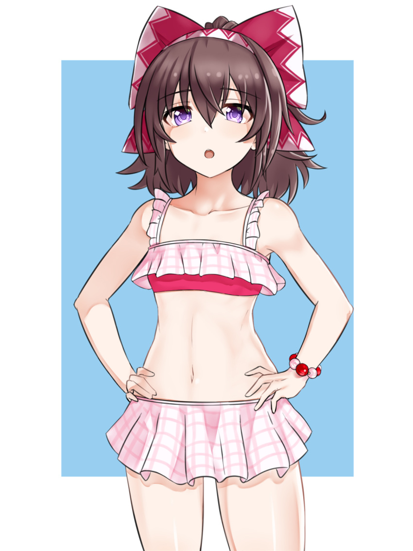 1girl bangs bare_shoulders bead_bracelet beads bikini bikini_skirt bow bowtie bracelet brown_hair choujigen_game_neptune_sisters_vs_sisters frilled_bikini frilled_skirt frills hair_bow hairband highres jewelry looking_at_viewer medium_hair navel neptune_(series) purple_eyes red_bow red_bowtie shanghai_alice-chan_(neptune_series) skirt solo swimsuit zatsu