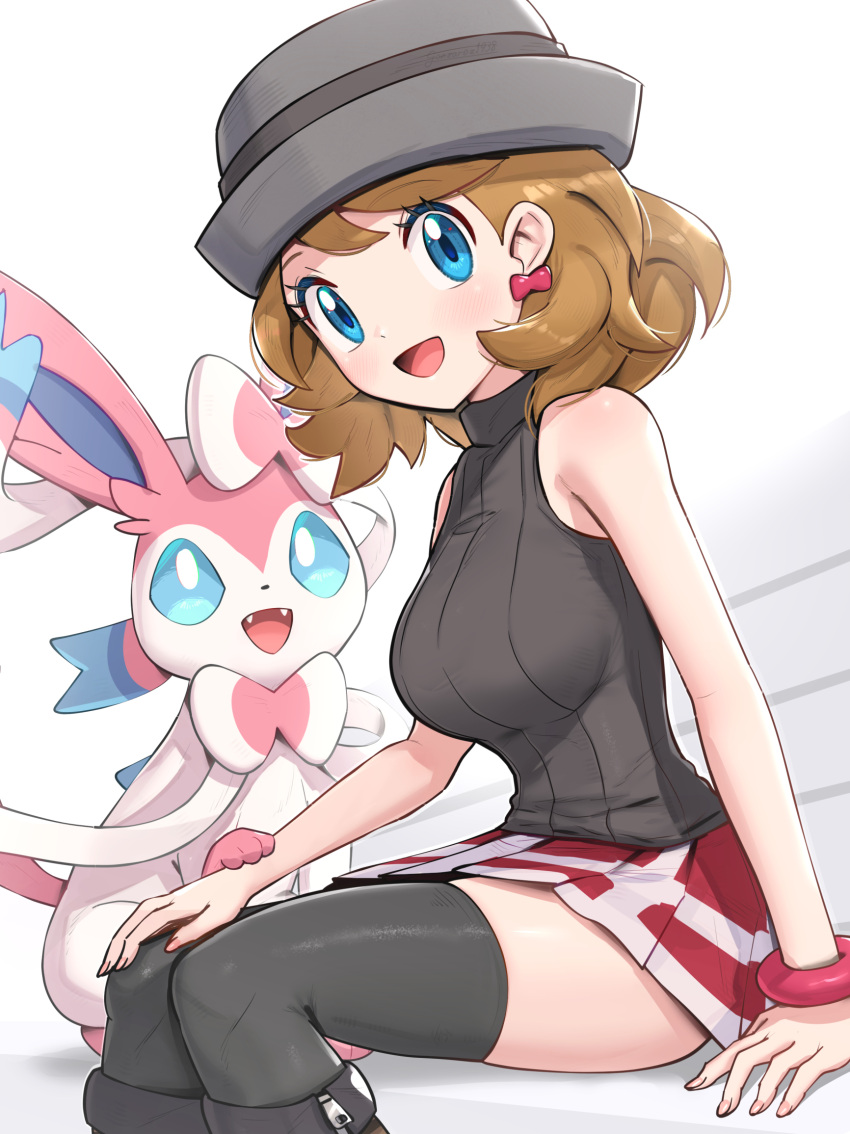 1girl bare_shoulders black_headwear black_thighhighs blue_eyes bracelet gonzarez hand_on_own_knee hat highres jewelry looking_at_viewer official_alternate_hairstyle open_mouth orange_hair pleated_skirt pokemon red_skirt ribbed_sweater serena_(pokemon) short_hair sitting skirt sleeveless sleeveless_turtleneck smile solo sweater sylveon thighhighs turtleneck white_background
