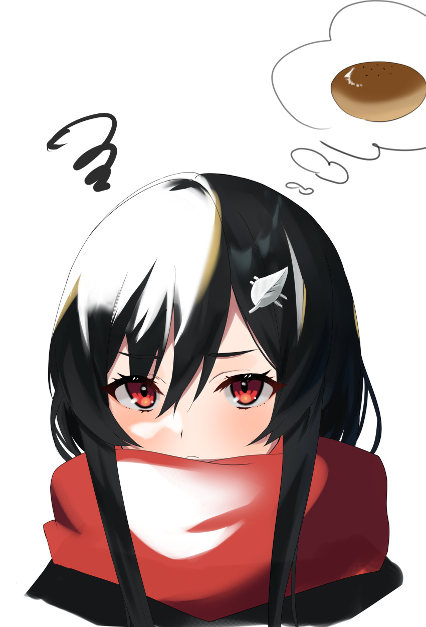 1girl absurdres anpan black_hair closed_mouth eyelashes food hair_ornament hairclip highres long_hair raised_eyebrows red_eyes red_scarf scarf sidelocks solo squiggle tenka_hyakken thought_bubble upper_body white_background xochi_(nueeen6978)