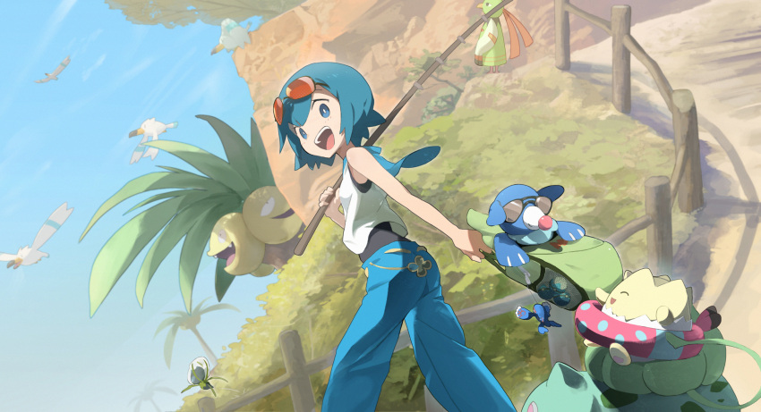 1girl :d alolan_exeggutor bare_arms blue_eyes blue_hair blue_pants blue_sailor_collar bright_pupils bulbasaur character_doll commentary_request day dewpider eko000ohce eyewear_on_head fence fishing_rod hand_up highres holding holding_fishing_rod kyogre lana_(pokemon) looking_down no_sclera one-piece_swimsuit open_mouth outdoors pants pokemon pokemon_(creature) pokemon_(game) pokemon_sm popplio sailor_collar shirt short_hair sky sleeveless sleeveless_shirt smile standing sunglasses swimsuit swimsuit_under_clothes teeth togepi tongue upper_teeth_only white_pupils white_shirt wingull xatu