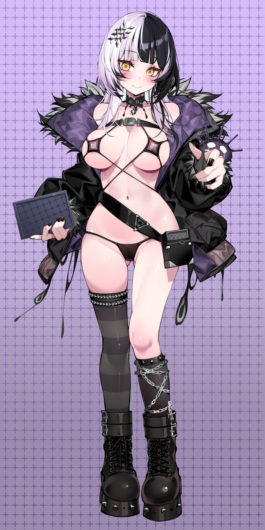 1girl :o absurdres black_choker black_footwear black_jacket black_nails blush boots bottomless breasts breasts_apart censored chest_belt choker closed_mouth coat full_body fur-trimmed_coat fur_trim hair_ornament head_tilt highres holding hololive hololive_english jacket kneehighs long_sleeves medium_breasts medium_hair mixed-language_commentary multicolored_hair nail_polish navel no_bra open_clothes open_jacket shiny_skin shiori_novella single_kneehigh single_sock single_thighhigh smile socks solo split-color_hair standing thighhighs virtual_youtuber waterring yellow_eyes yorick_(shiori_novella)