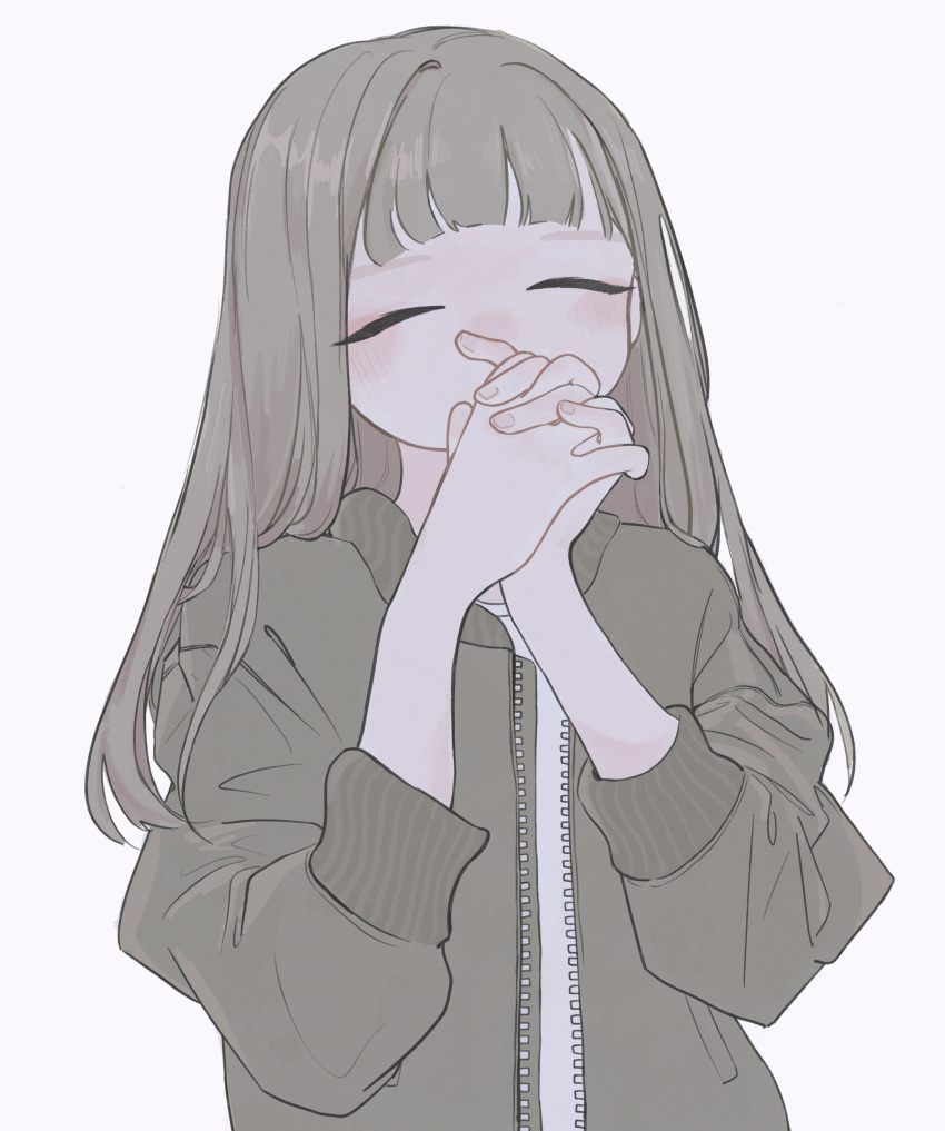 1girl absurdres black_hair black_jacket blunt_bangs blush brown_hair closed_eyes commentary_request facing_viewer grey_background highres interlocked_fingers jacket long_hair long_sleeves open_clothes open_jacket original own_hands_together shirt simple_background solo upper_body white_shirt yunoki_itsugu