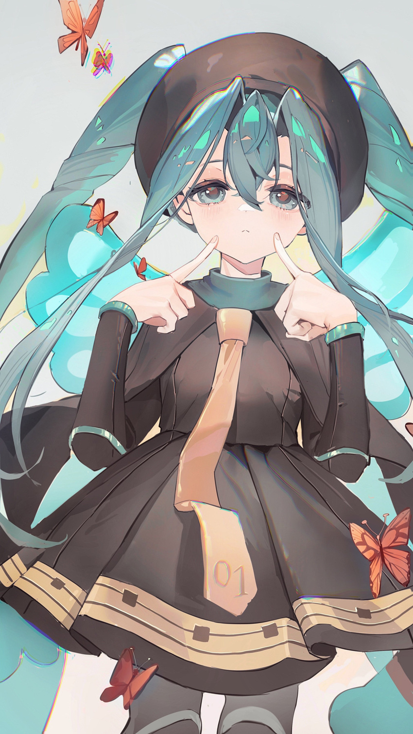 1girl absurdres blue_eyes blue_hair brown_headwear bug bug_miku_(project_voltage) butterfly butterfly_wings closed_mouth dress hair_between_eyes hat hatsune_miku highres index_finger_raised long_hair long_sleeves necktie neonneon321 orange_necktie pantyhose pokemon project_voltage simple_background solo twintails very_long_hair vocaloid wings