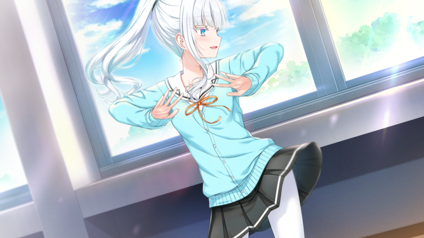 1girl aikotoba_-silver_snow_sister- any_(trueblue) black_skirt blue_cardigan blue_eyes blue_sky blush cardigan cloud cowboy_shot day game_cg hoshitsugu_shirone indoors long_hair looking_to_the_side neck_ribbon non-web_source open_mouth orange_ribbon outstretched_arms pantyhose pleated_skirt ponytail ribbon sailor_collar school_uniform serafuku skirt sky smile solo spread_arms sunlight white_hair white_pantyhose white_sailor_collar window