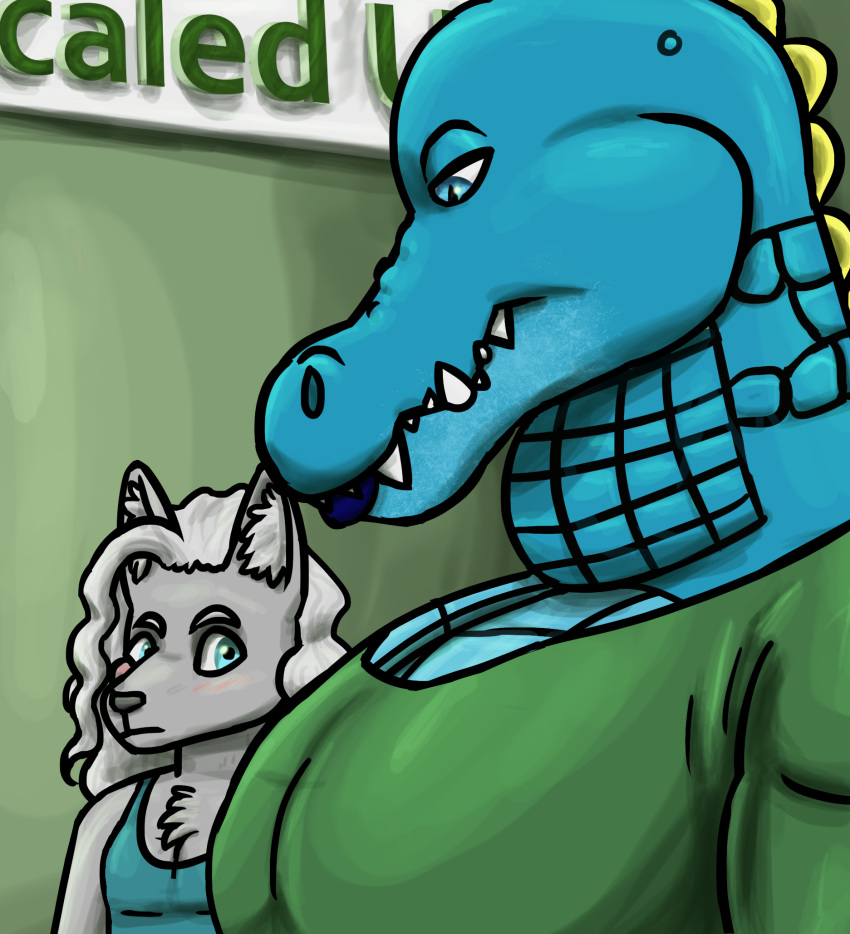 2023 alligator alligatorid anthro azrael_(tertia) azurlligator big_breasts black_nose blue_body blue_clothing blue_eyes blue_lips blue_lipstick blue_scales blue_shirt blue_tank_top blue_topwear blush breasts bulging_neck canid canine canis chest_tuft cleavage clothed clothing crocodilian digital_drawing_(artwork) digital_media_(artwork) duo eyebrows eyelashes fangs female fur girl_staring_at_man's_chest green_clothing green_shirt green_topwear green_wall grey_body grey_fur grey_hair hair hairhalf-closed_eyes hi_res inner_ear_fluff interspecies large_pecs larger_female lips lipstick looking_at_another looking_at_partner looking_down makeup male male/female mammal multicolored_body multicolored_scales muscular muscular_anthro muscular_female narrowed_eyes nathile_tiduna non-mammal_breasts pecs pupils reptile scales scalie scutes shirt sign size_difference skywater slit_pupils smaller_male snout tank_top teeth topwear tuft wall_(structure) wavy_hair wolf yellow_scutes
