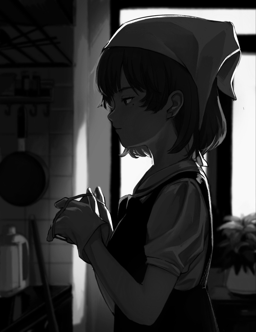 1girl akina_(odoru_nagi) alternate_costume apron backlighting bandaid_on_ear blurry blurry_background closed_mouth collared_shirt commentary_request english_commentary from_side frying_pan gloves greyscale half-closed_eyes hands_up hatoba_tsugu highres holding indoors kitchen looking_down mixed-language_commentary mole mole_under_eye monochrome overexposure own_hands_together plant potted_plant profile puffy_short_sleeves puffy_sleeves shirt short_hair short_sleeves solo tenugui tile_wall tiles tsugu_(vtuber) upper_body virtual_youtuber window