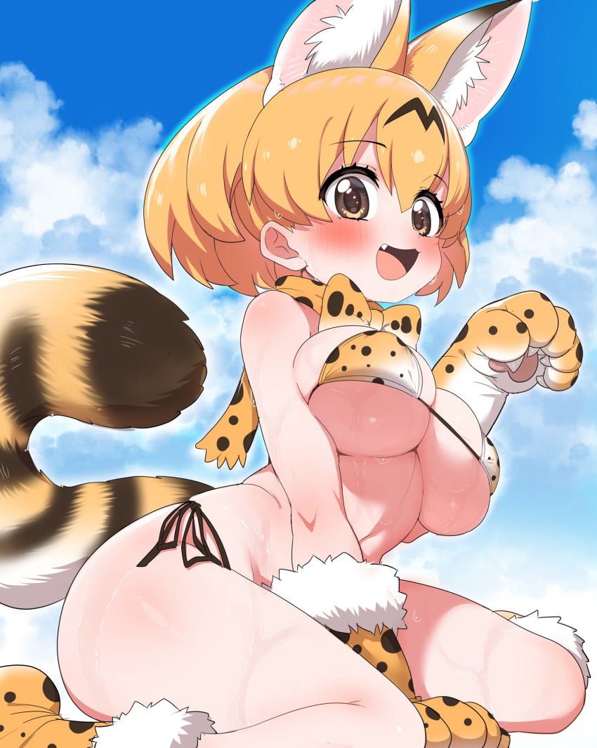 1girl animal_ear_fluff animal_ears bikini blue_sky blush bow bowtie breasts brown_eyes cleavage cloud commentary_request extra_ears fang fur_trim gloves highres kemono_friends large_breasts looking_at_viewer open_mouth orange_bow orange_bowtie orange_hair outdoors ransusan serval_(kemono_friends) serval_print side-tie_bikini_bottom sky solo striped_tail swimsuit tail two-tone_bowtie