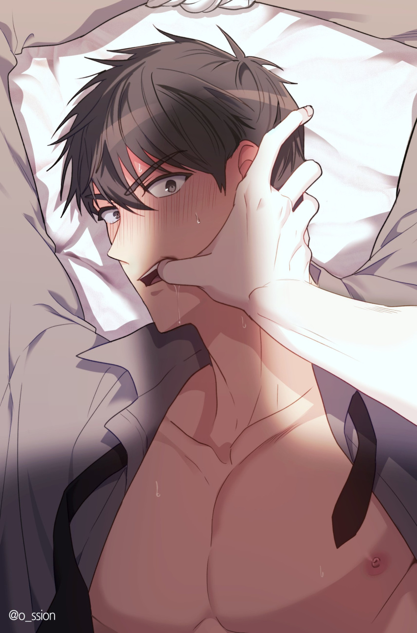 2boys absurdres blush brown_eyes brown_hair finger_in_another's_mouth highres implied_yaoi jeong_taeui looking_at_viewer male_focus multiple_boys nipples o_ssion on_bed open_clothes passion_(manhwa) pectorals
