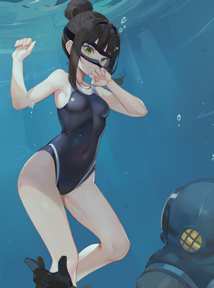 1girl absurdres air_bubble black_hair blue_one-piece_swimsuit breasts bubble commission competition_swimsuit covered_navel diving_mask diving_mask_on_head freediving goggles goggles_on_head green_eyes hamaguchi_ayame highres holding_breath idashige_(walkietalkie) idolmaster idolmaster_cinderella_girls medium_breasts one-piece_swimsuit outstretched_arm pixiv_commission sidelocks solo swimsuit underwater