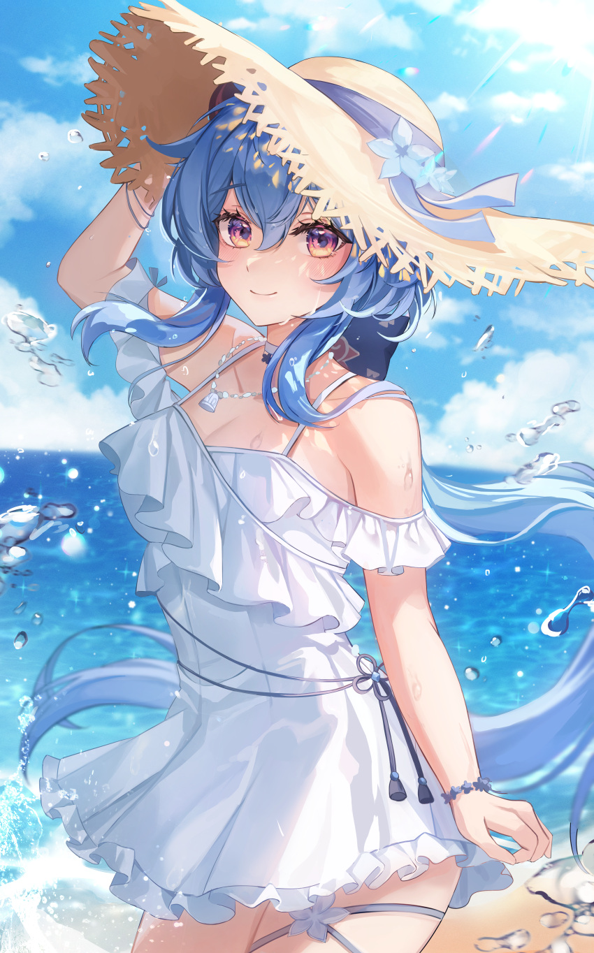 1girl absurdres bare_shoulders blue_hair blue_sky blush bow breasts cleavage cloud commentary_request dress ganyu_(genshin_impact) genshin_impact hat highres horns long_hair looking_at_viewer medium_breasts ocean off-shoulder_dress off_shoulder purple_eyes sidelocks sky smile solo spaghetti_strap standing straw_hat white_dress youwon0417