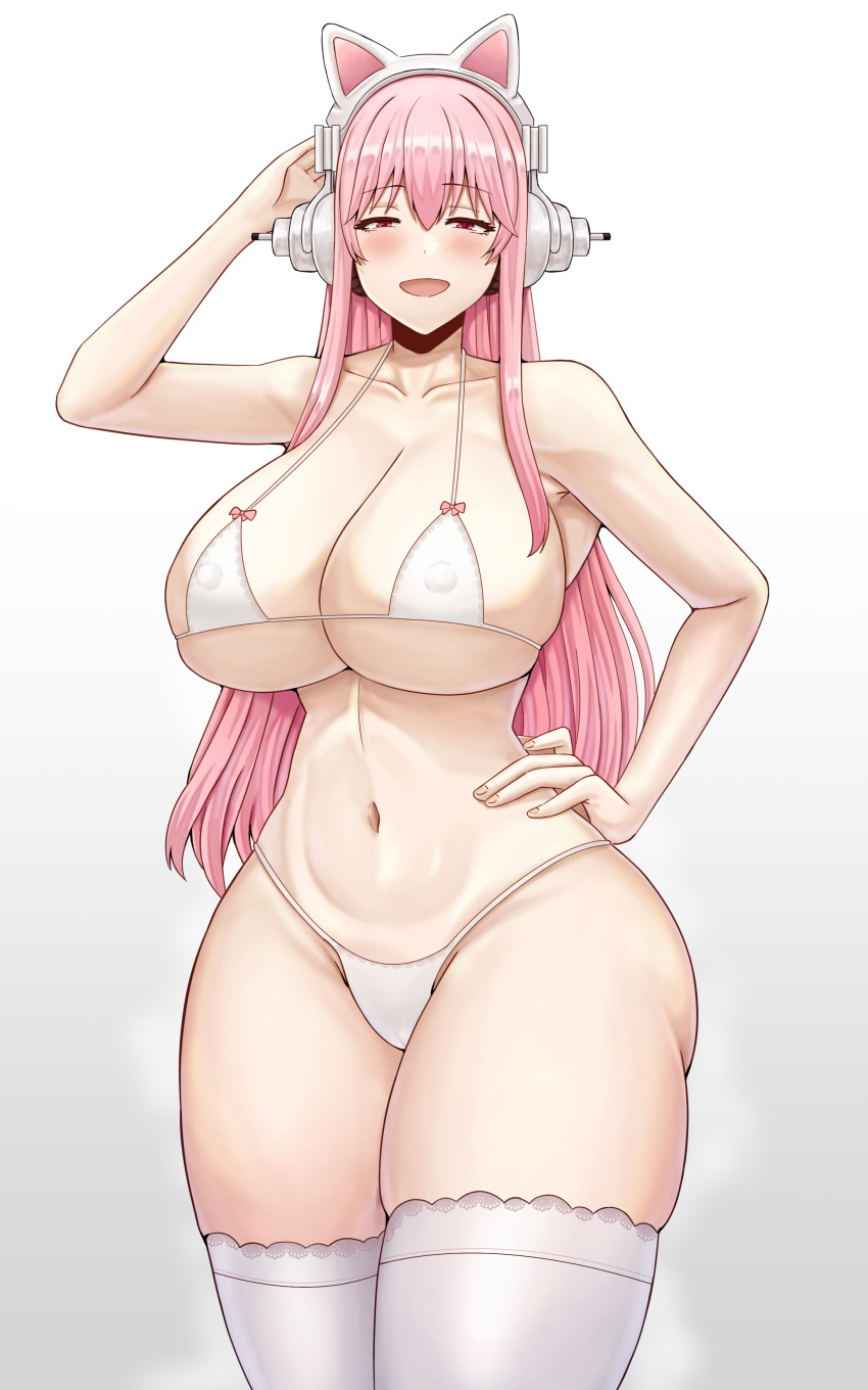 absurdres breasts half-closed_eyes hand_on_own_hip headphones highres huge_breasts nitroplus pink_eyes pink_hair saikunartworks smile super_sonico swimsuit thick_thighs thighhighs thighs