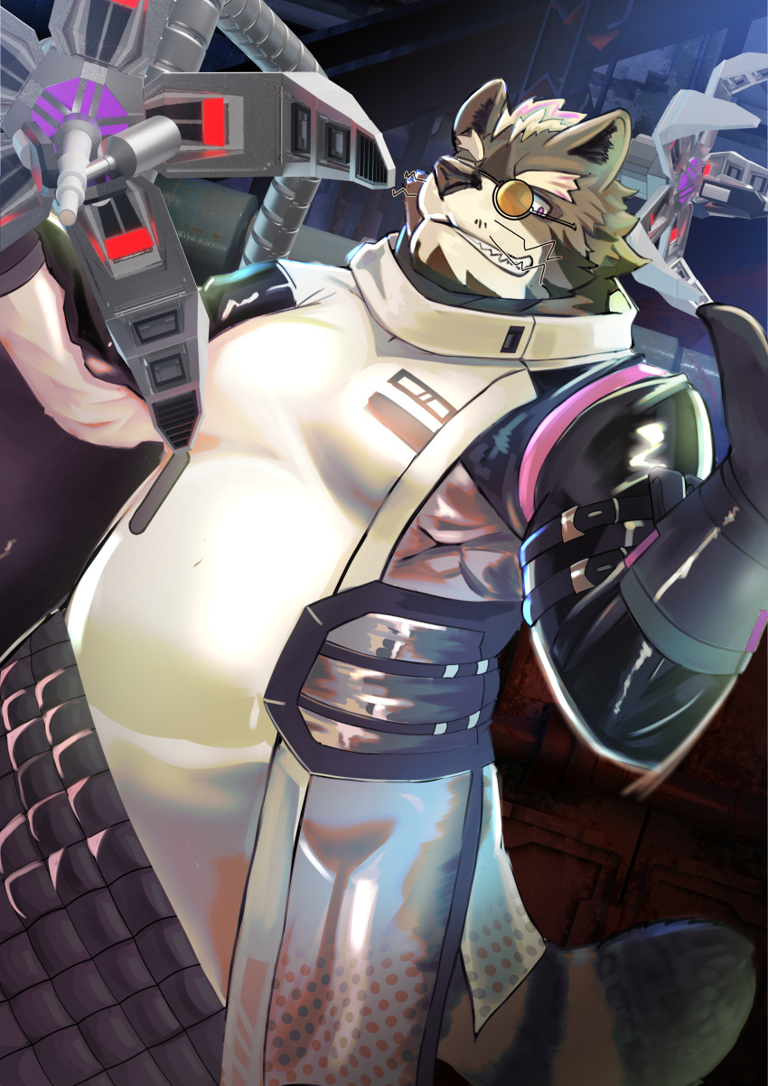 absurd_res animal_humanoid anthro belly big_belly brown_body clothing eyewear fur glasses gloves handwear hi_res humanoid latex_gloves machine male mammal martuguma procyonid raccoon solo viscunam white