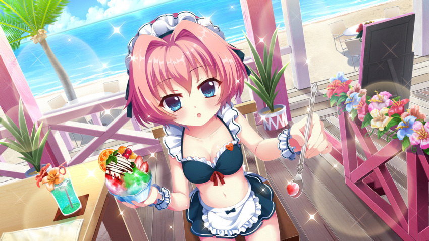 1girl :o beach beach_house bikini bikini_skirt black_bikini black_ribbon blue_eyes blue_flower blue_sky breasts chair cherry cleavage cloud coconut_tree collarbone crazy_straw cup day dot_nose drinking_glass drinking_straw dutch_angle film_grain flower flower_in_drink food frilled_bikini frills fruit game_cg hair_intakes hair_ribbon heart hibiscus hiiragi_kae holding holding_spoon horizon incoming_food izumi_tsubasu lens_flare looking_at_viewer maid maid_bikini maid_headdress medium_breasts menu_board name_tag napkin navel non-web_source ocean official_art orange_(fruit) orange_slice palm_tree parted_lips pink_flower pink_hair plant potted_plant re:stage! red_flower red_ribbon ribbon round_table shaved_ice short_hair sitting sky solo sparkle spoon stairs strawberry swimsuit table translated tree unconventional_maid wooden_floor wooden_railing wooden_table wrist_cuffs yellow_flower