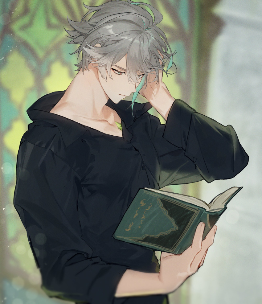 1boy alhaitham_(genshin_impact) black_shirt blurry blurry_background book chest_jewel closed_mouth genshin_impact green_hair grey_eyes grey_hair hair_between_eyes hand_in_own_hair highres holding holding_book male_focus multicolored_hair open_book reading sachico66 shirt solo stained_glass upper_body