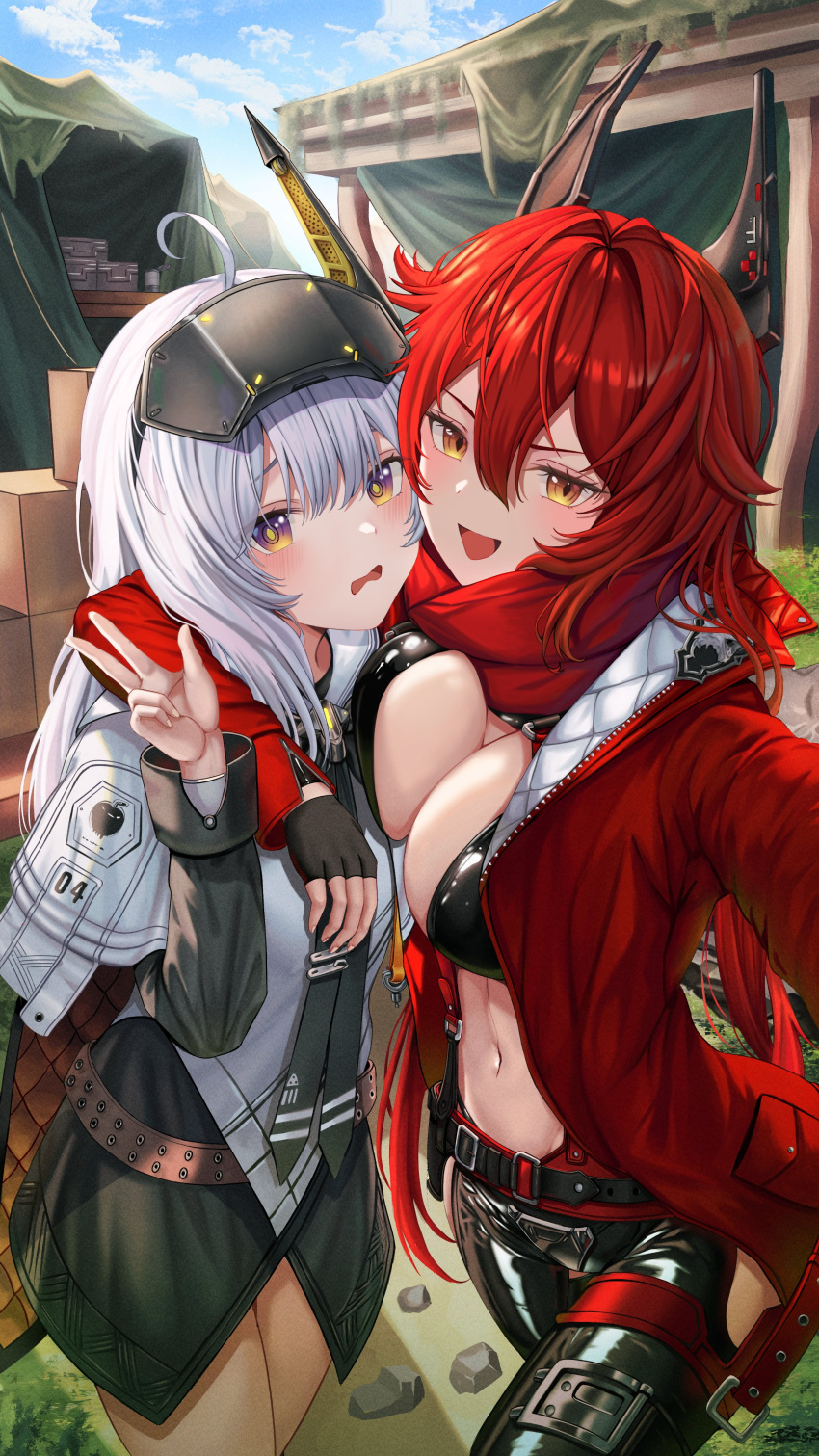 2girls absurdres belt blush breasts camp cleavage cloud commentary_request goddess_of_victory:_nikke hair_between_eyes hair_ornament highres hug large_breasts long_hair looking_at_viewer military multiple_girls navel open_mouth red_eyes red_hair red_hood_(nikke) shorts sky snow_white:_innocent_days_(nikke) snow_white_(nikke) v xia_0328 yellow_eyes