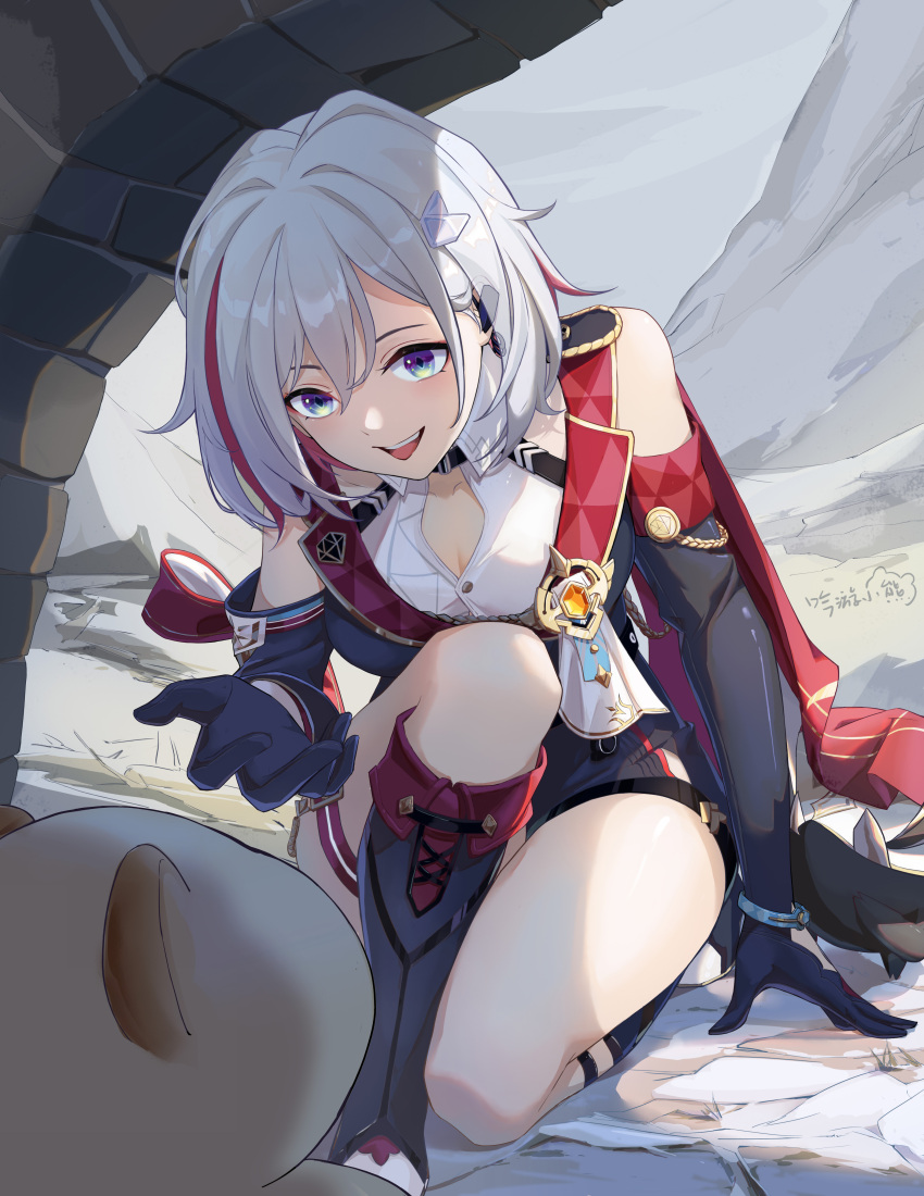 1girl absurdres bare_shoulders bear_minstrel black_gloves boots breasts cleavage commentary_request crossover detached_sleeves elbow_gloves english_commentary ermine full_body gloves grey_eyes grey_hair highres honkai:_star_rail honkai_(series) kneeling mixed-language_commentary mountain multicolored_hair nu_carnival numby_(honkai:_star_rail) on_one_knee open_mouth outstretched_hand red_hair signature streaked_hair thigh_strap topaz_(honkai:_star_rail) topper_(nu_carnival) warp_trotter_(honkai:_star_rail) weasel