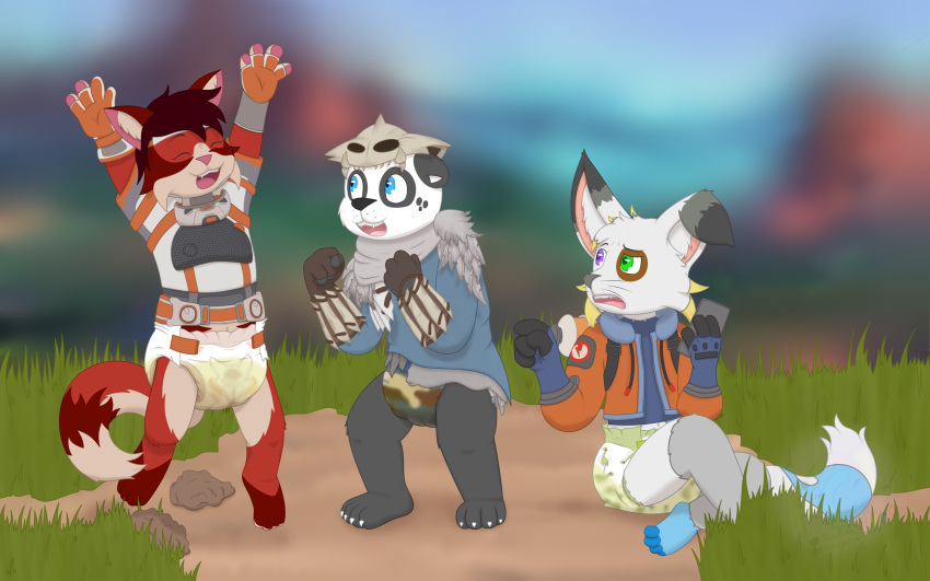 absurd_res announcer anthro apex_legends bear bodily_fluids canid canine clothed clothing diaper domestic_cat dominic_(fennecat) feces felid feline felis female fennec fennecat_(artist) fox genital_fluids giant_panda gloves grass group handwear hi_res maine_coon male mammal messy_diaper phone plant rock shirt skull_hat soiling textless topwear trio urine watermark wearing_diaper wet_diaper wetting whiskers young